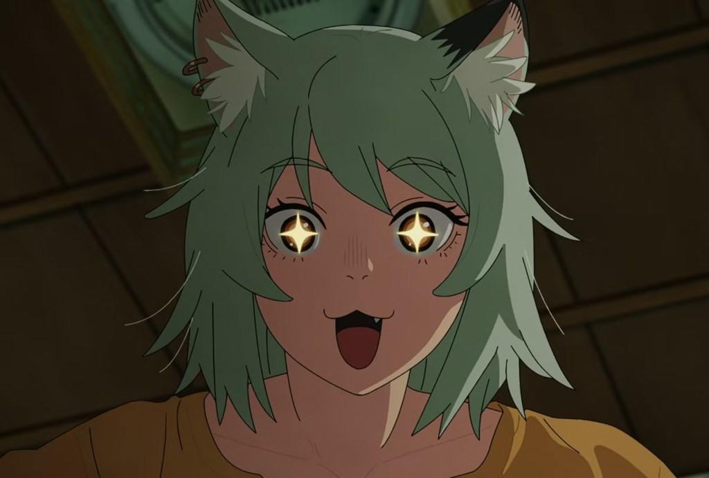 An image of the main character of Chainsmoker Cat, Yaniko Satou, smiling with sparkles in her eyes.